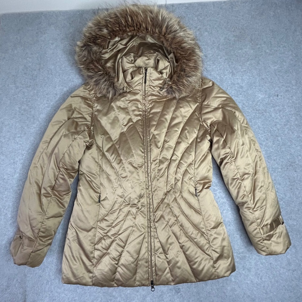 a.n.a Quilted Down Filled Puffer Jacket S Fur Trim Hooded Gold Color Winter Coat